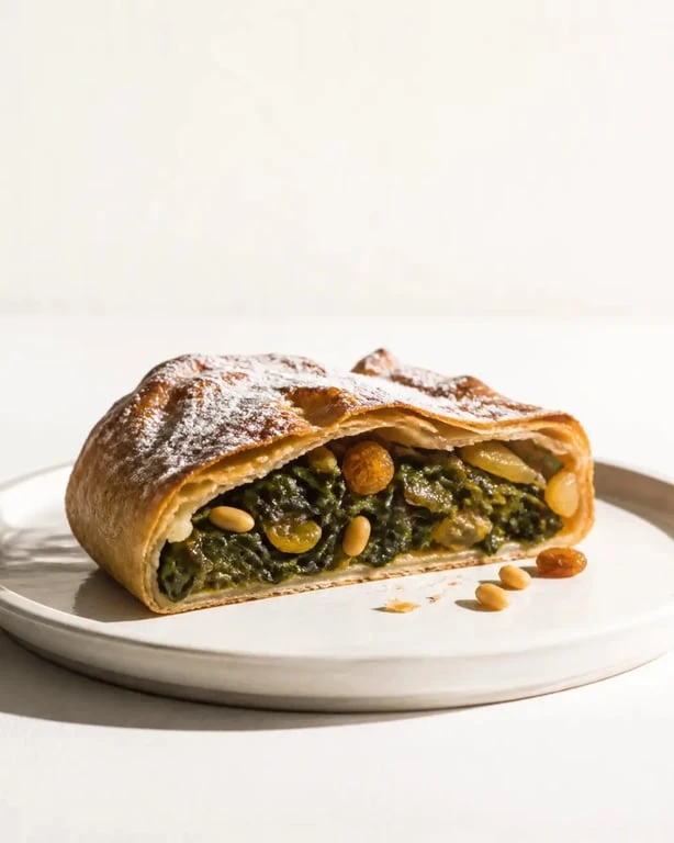 Dessert niçois : tourte à la blette sucrée servie en coupe sur assiette sobre