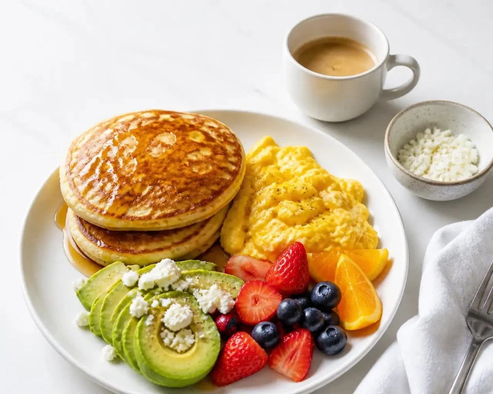 Recette pour brunch : assiette de pancakes, œufs brouillés, avocat, feta et fruits frais