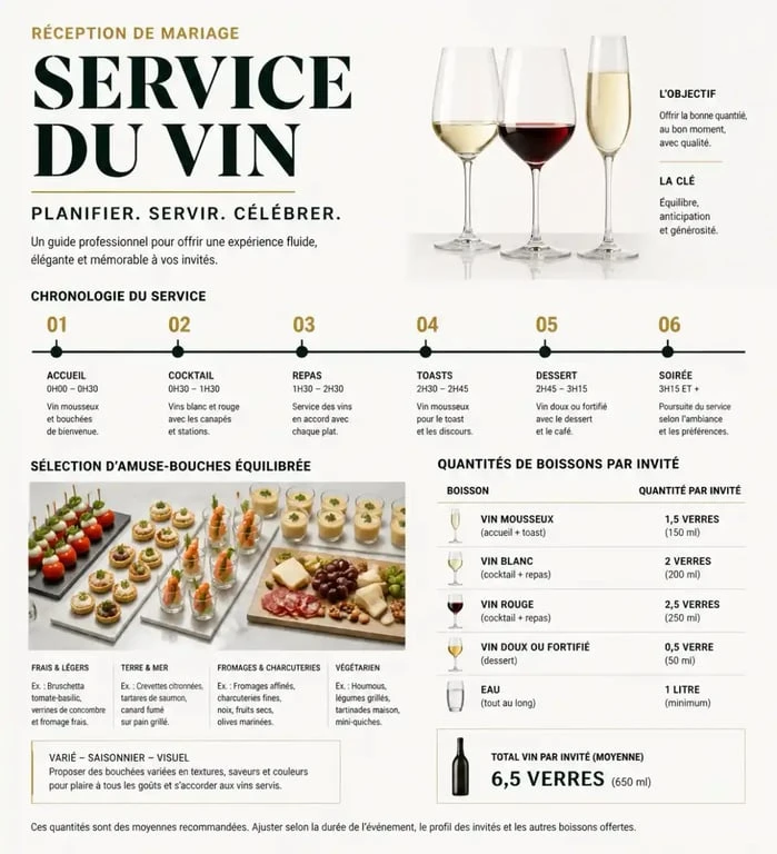 Infographie pour organiser un vin d'honneur de mariage réussi avec les quantités et le déroulé