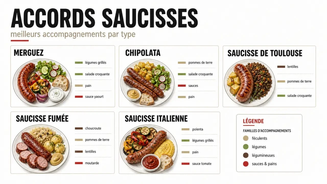 Tableau visuel des meilleurs accompagnements avec saucisse selon le type de saucisse
