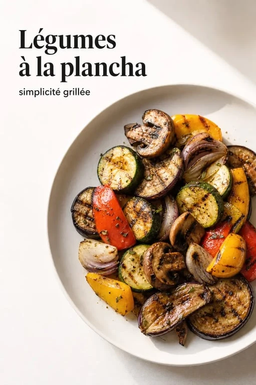 Recette legumes pour plancha servie en assiette avec courgettes, poivrons, aubergines et champignons grillés