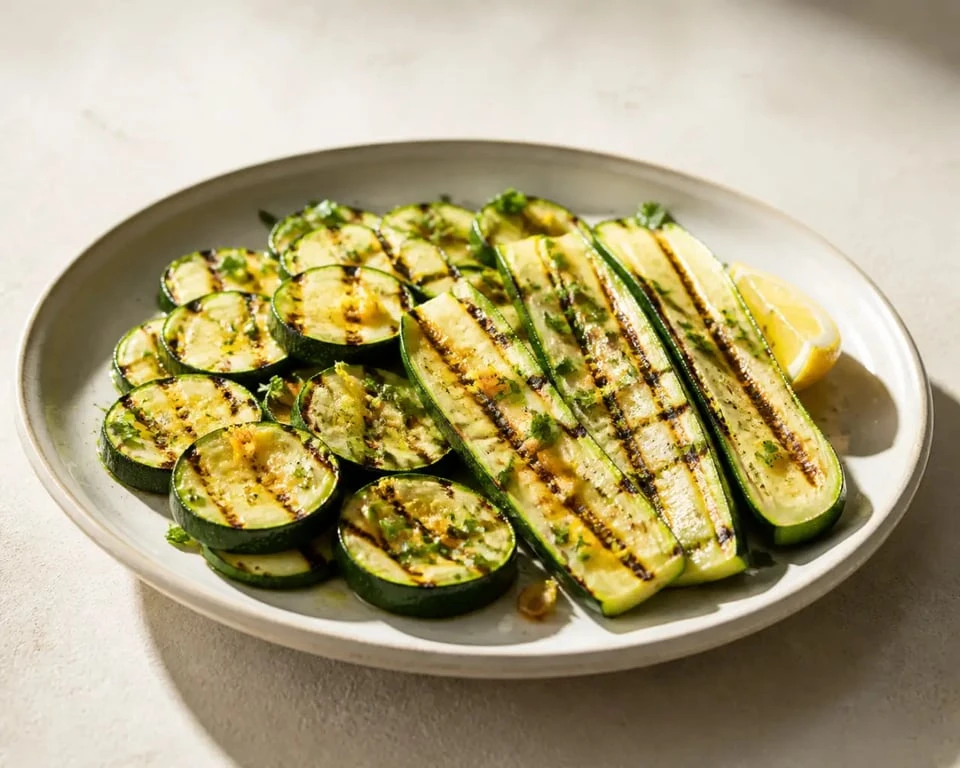 Courgettes à la plancha dorées et servies en assiette avec herbes fraîches et citron