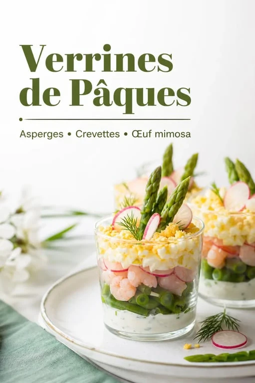 Entrée de Pâques en verrines aux asperges, crevettes et œuf mimosa