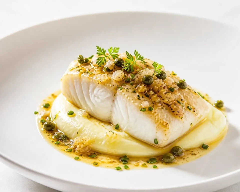 Recette gastronomique poisson facile : cabillaud nacré, purée fine et beurre noisette citronné