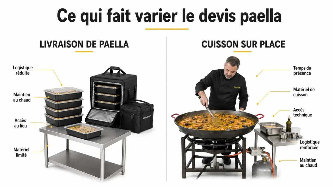 Tarif traiteur paella : comparaison entre livraison et cuisson sur place