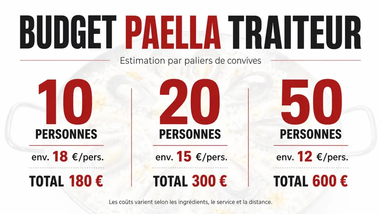 Tarif traiteur paella présenté par paliers de convives et budget indicatif