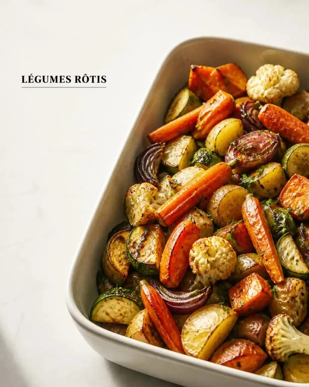 Légumes rotis four sur une plaque dorée et appétissante