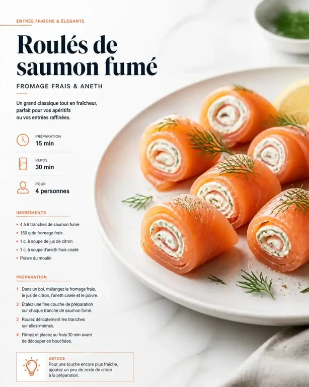 Roulés de saumon fumé au fromage frais et aneth, une idée d'accompagnement saumon fumé raffinée.