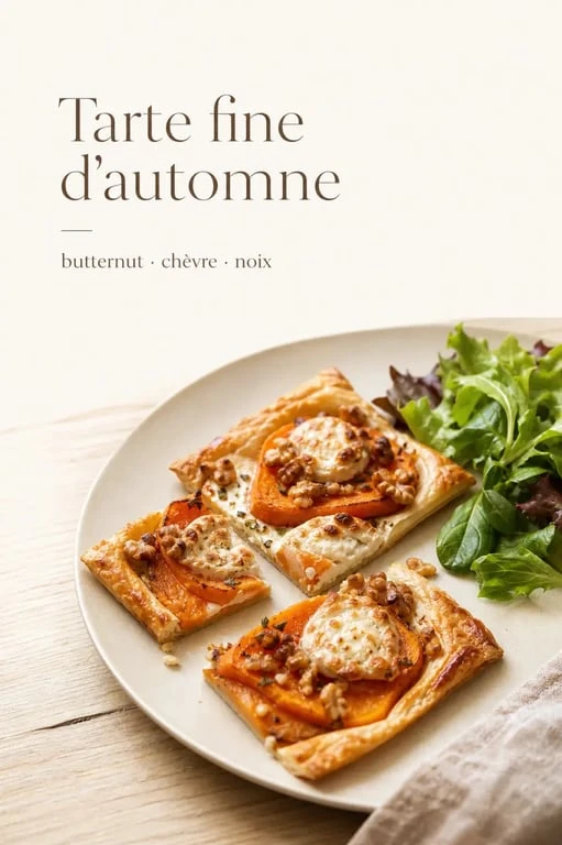 Idée entrée automne : tarte fine au butternut, chèvre et noix servie avec salade verte