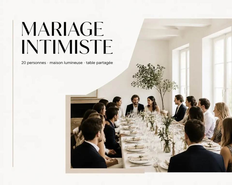 Petit mariage 20 personnes dans une réception intimiste autour d'une grande table élégamment dressée