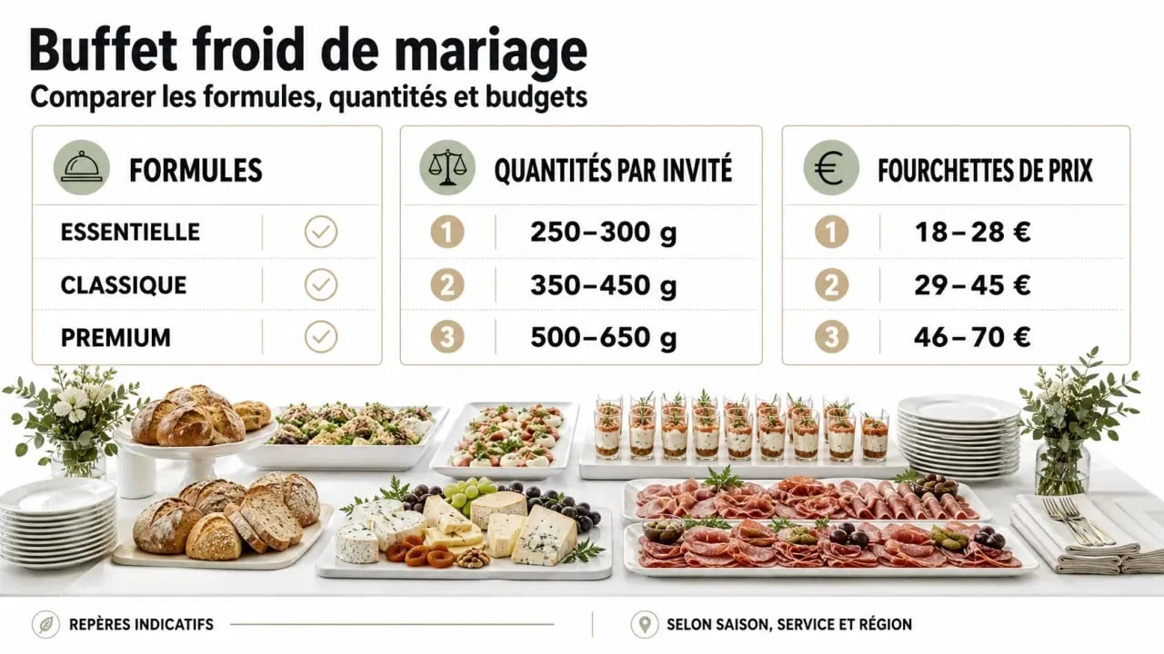 Traiteur mariage buffet froid : comparaison visuelle des formules, quantités et budgets