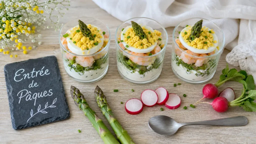 entree paques : verrines aux œufs mimosa, asperges vertes et crevettes