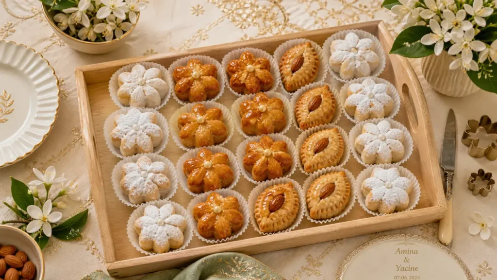 Gateau pour mariage orientale : m’khabez aux amandes et miel sur buffet de mariage
