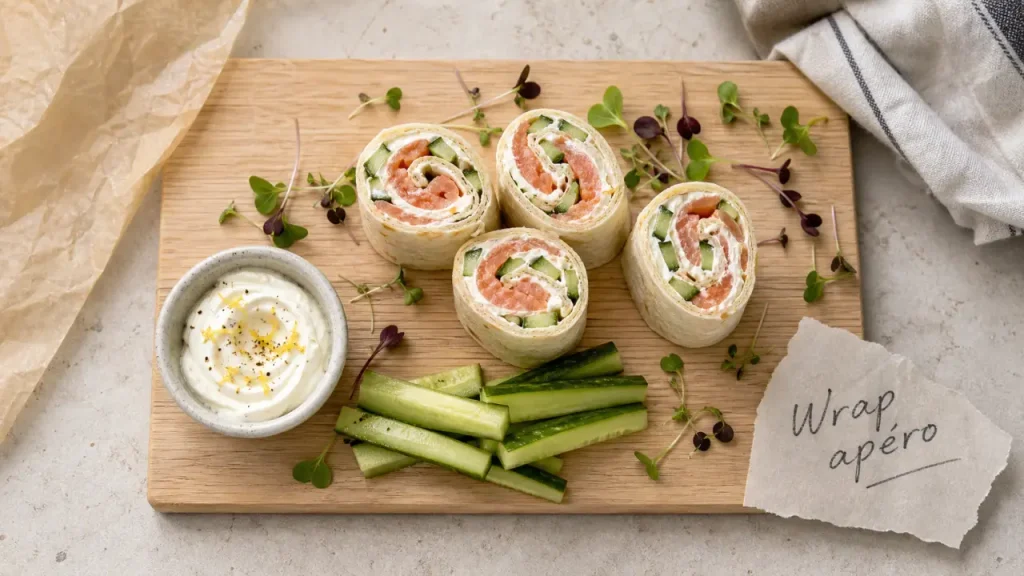 Idee wrap apero : mini wraps saumon fromage frais concombre