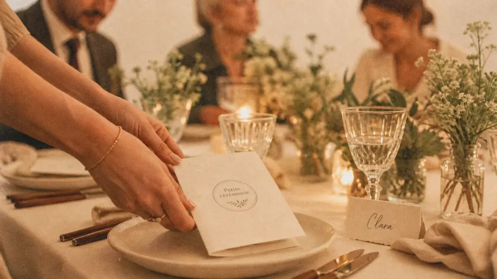 Petit mariage 20 personnes : table dressée et marque-places manuscrits