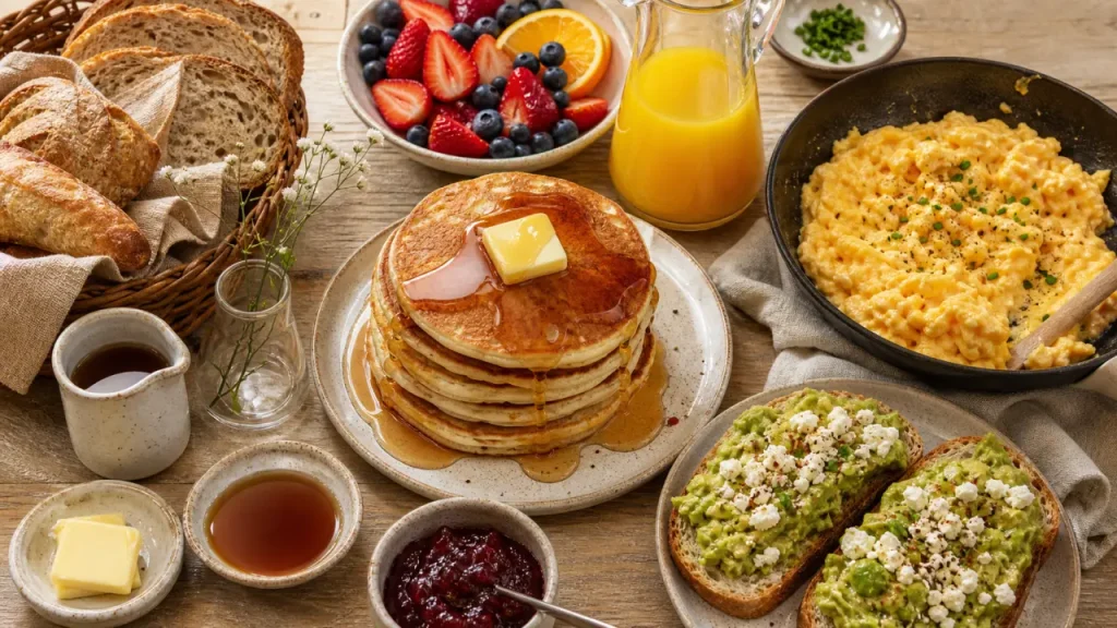 Recette pour brunch maison sucré-salé : pancakes, œufs brouillés, tartines avocat-feta et fruits