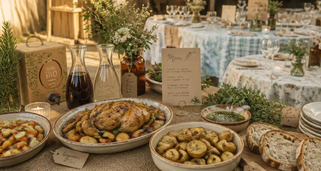 Repas pas cher pour mariage : buffet champêtre rustique, poulet rôti et légumes rôtis