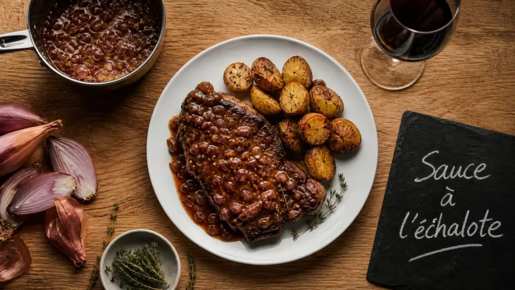 Sauce viande rouge à l’échalote sur entrecôte