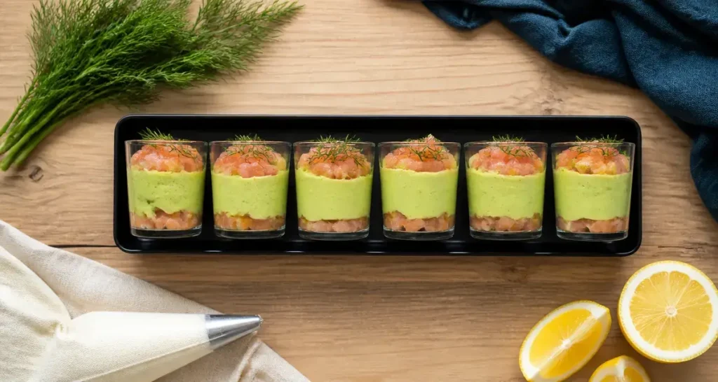 Traiteur verrine : verrines vert avocat et saumon sur plateau noir