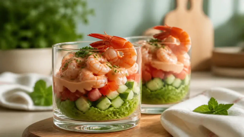 Verrine de crevette sauce cocktail en couches nettes, légère et fraîche