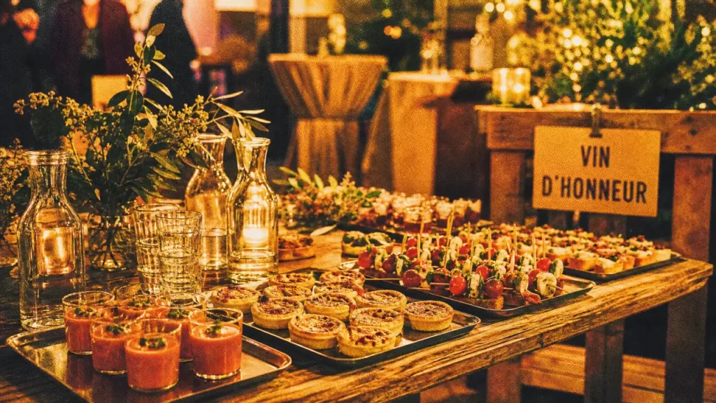 vin d honneur mariage : table avec verrines et canapés