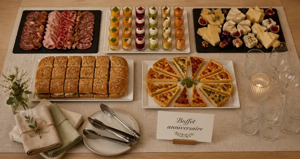 Buffet anniversaire gourmand : table dressée et plateaux assortis