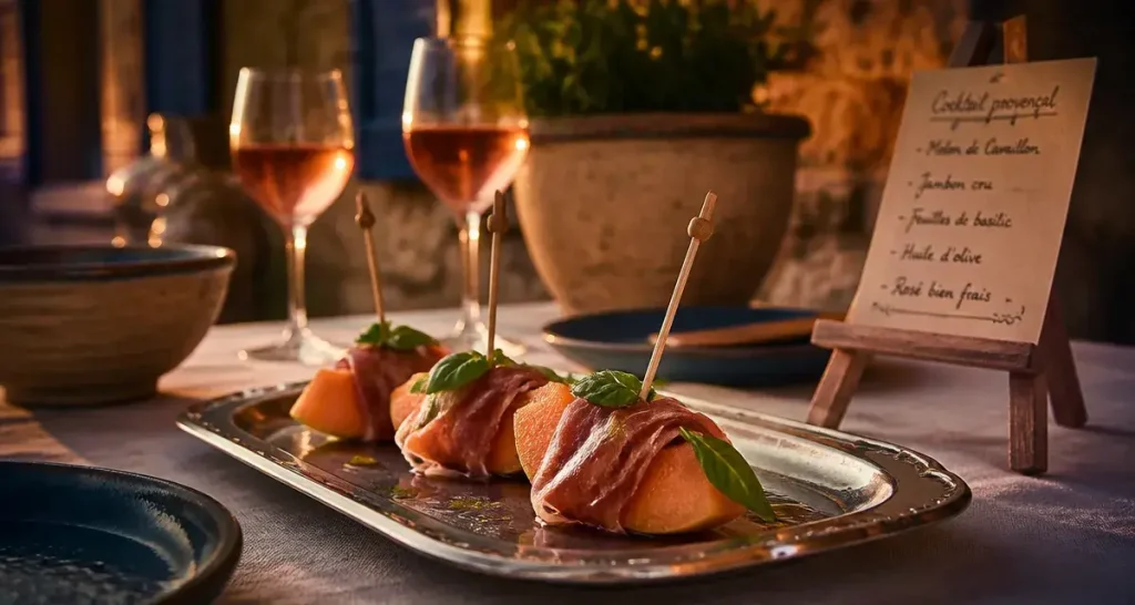 Cocktail dinatoire aix en provence : brochettes melon de Cavaillon au jambon cru
