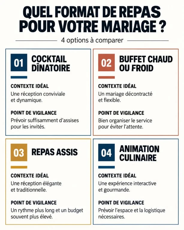 Infographie des formats de repas pour un traiteur mariage à Roquebrune-sur-Argens