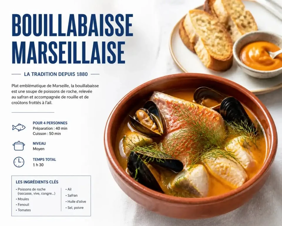 Bouillabaisse marseillaise traditionnelle avec croûtons et rouille
