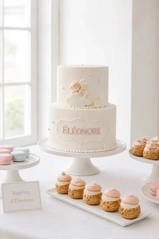 Pièces montées baptême avec gâteau personnalisé et décor pastel