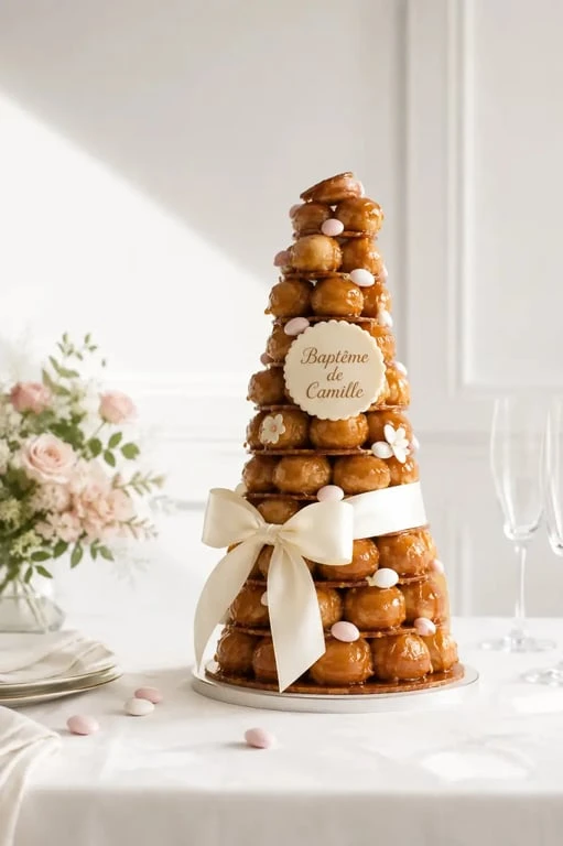 Pièces montées baptême de choux élégante sur table de réception