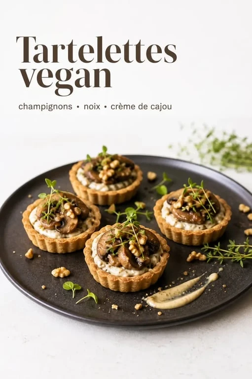 Entrée vegan gastronomique de tartelettes aux champignons, noix et crème de cajou dressées comme un plat de fête