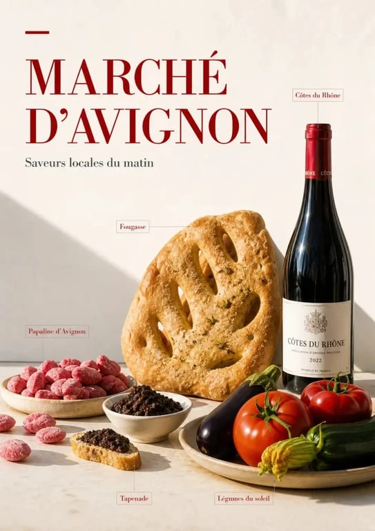 Spécialités avignon : papaline d’Avignon, fougasse et produits provençaux sur un étal de marché