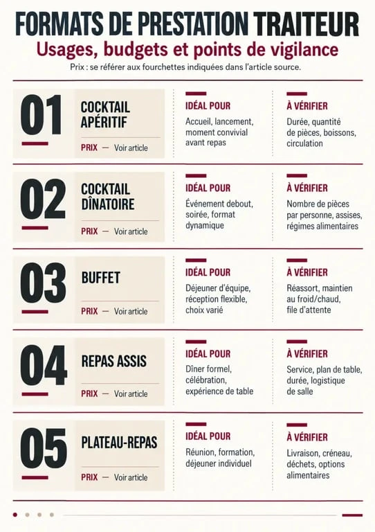 Devis traiteur : infographie des formats de repas, usages et fourchettes de prix