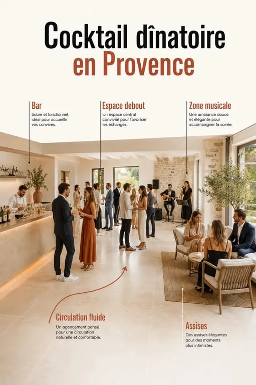 Restaurant cocktail dinatoire Provence dans une salle privatisée avec ambiance festive et circulation fluide