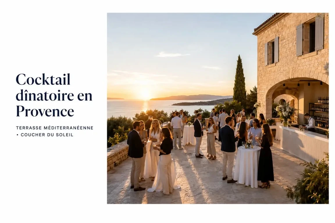 Restaurant cocktail dinatoire Provence sur une terrasse élégante avec invités et bar à cocktails