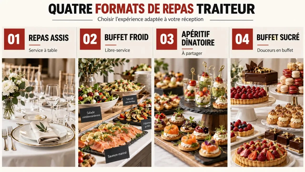 Infographie des quatre formats de repas traiteur : repas assis, buffet froid, apéritif dînatoire et buffet sucré