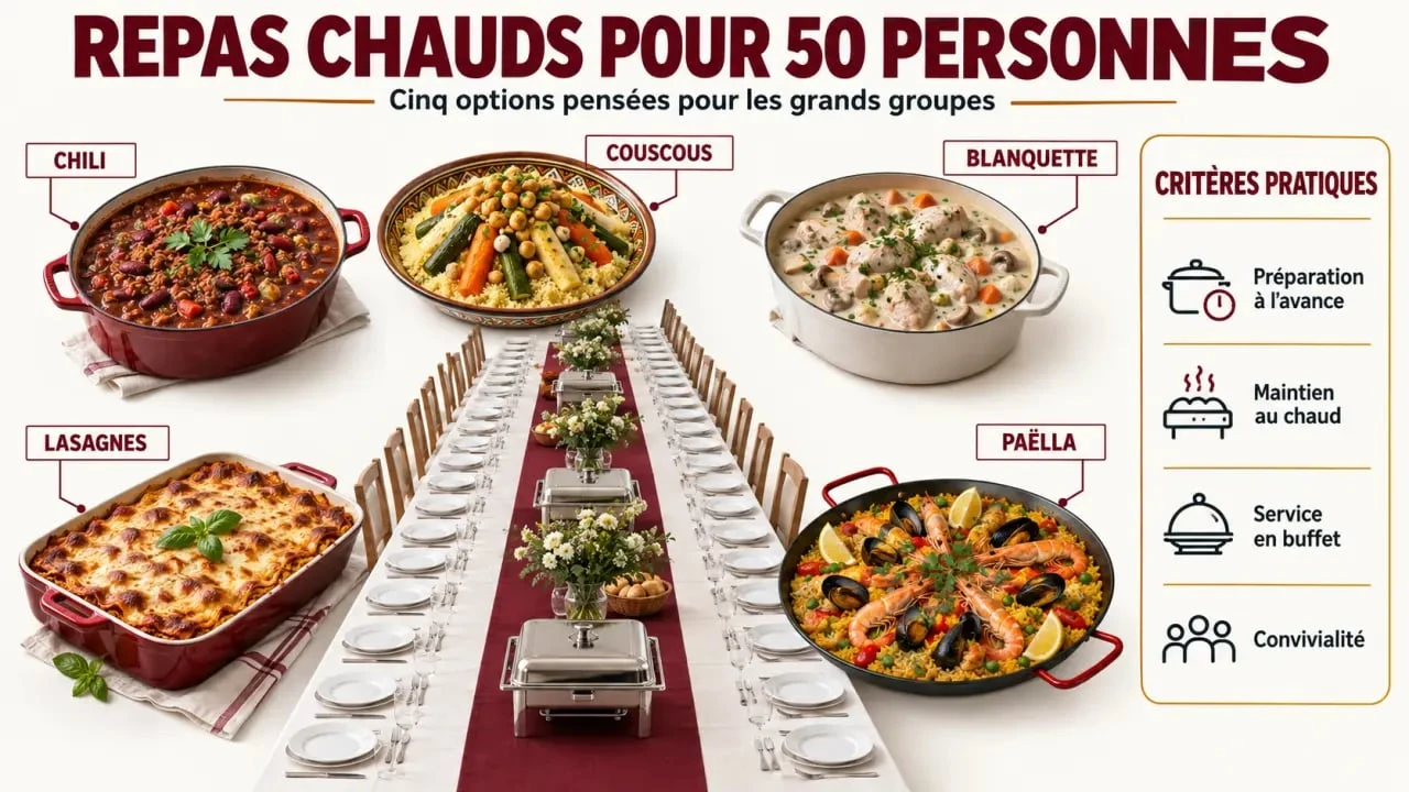 Idées de repas chaud pour 50 personnes : chili, couscous, blanquette, lasagnes et paëlla