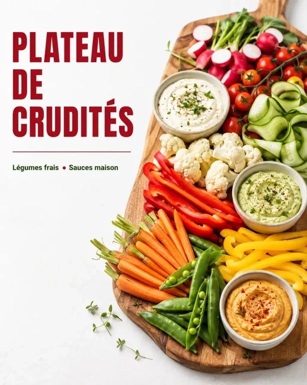 Plateau de crudités original et coloré, disposé sur une planche en bois avec des sauces variées.