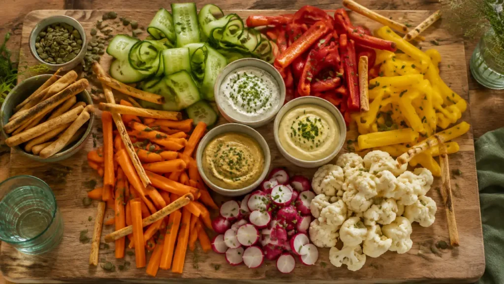 Plateau de crudités original, couleurs et sauces maison sans cuisson