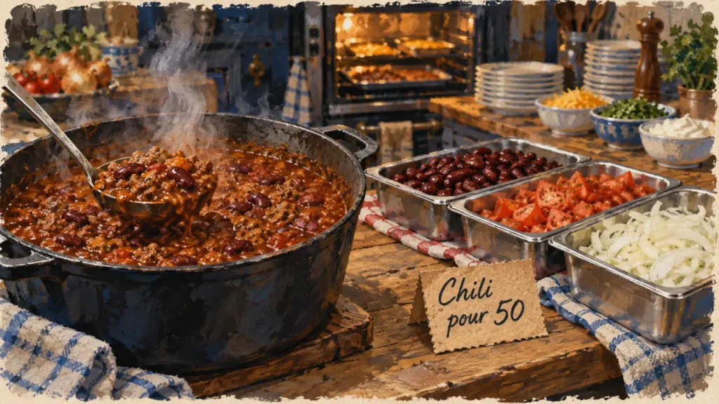 Repas chaud pour 50 personnes idées : chili en cocotte fumante