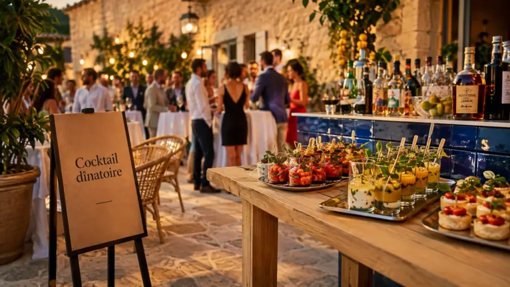 Restaurant cocktail dinatoire provence en terrasse, verrines et cuisine maison