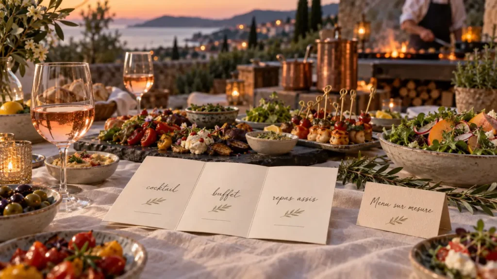 Traiteur mariage roquebrune sur argens : buffet et repas assis, feu de bois