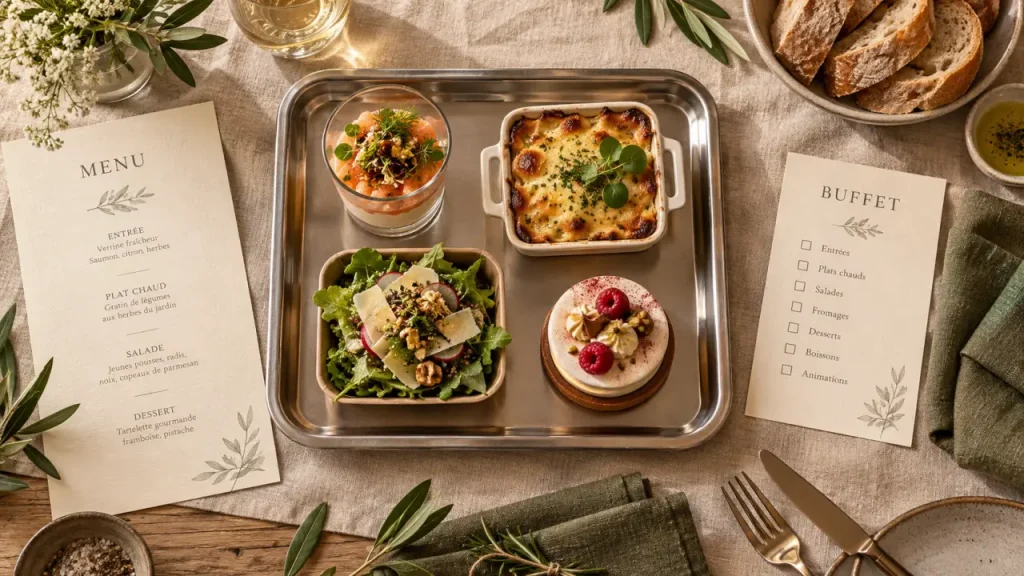 Traiteur menu : plateau de traiteur et carte menu pour convives