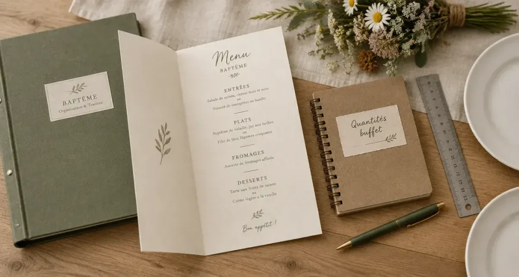 Bapteme menu sur table en bois : format et budget service