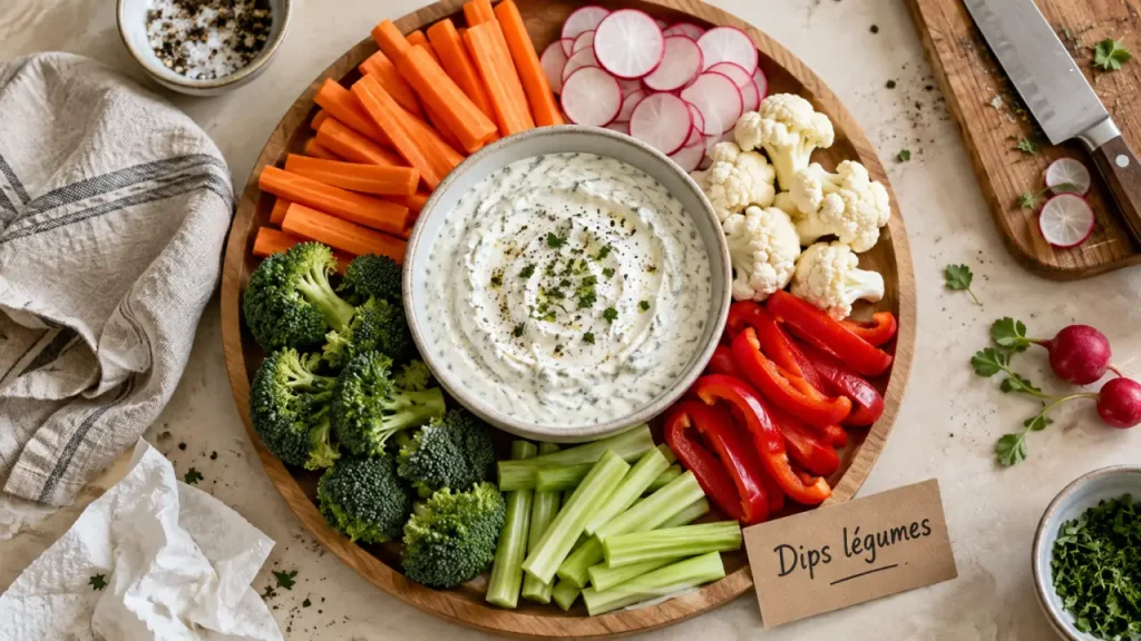 Dips de legume avec sauce au fromage blanc et bâtonnets de légumes