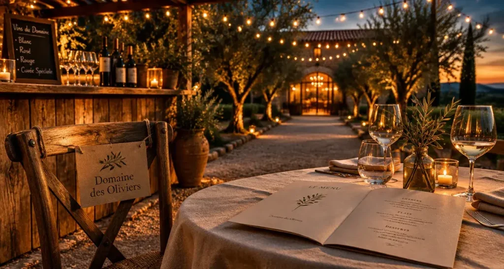 domaine des oliviers lieu de réception et traiteur événementiel : terrasse à la golden hour