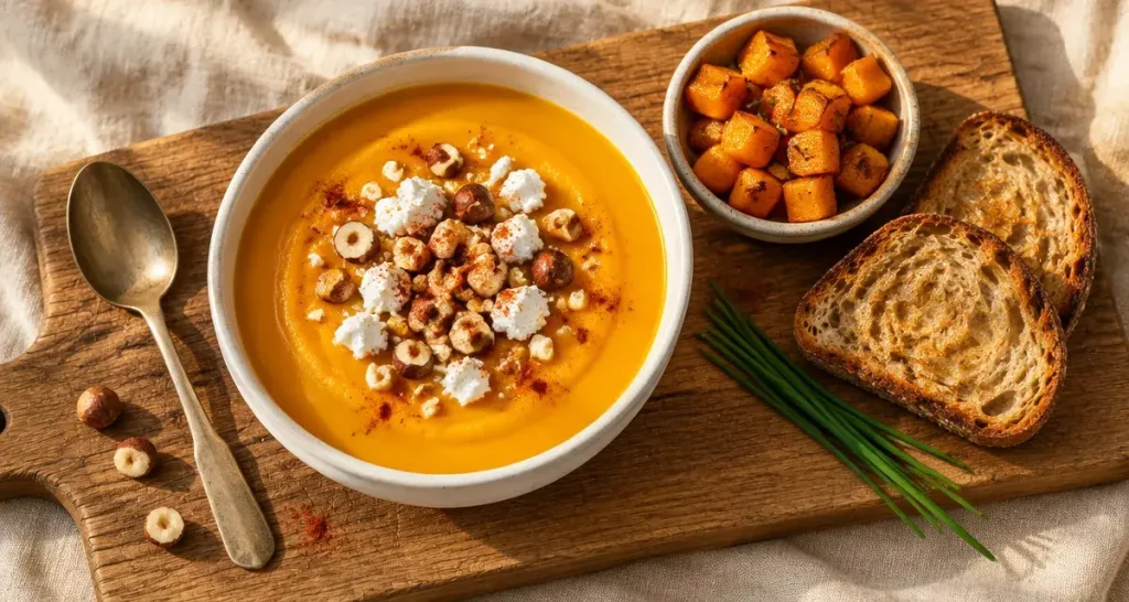 Entrée automne : velouté de butternut au chèvre et noisettes