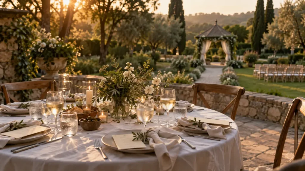 Moulin de Mistou lieu de mariage et traiteur : table de réception sur terrasse