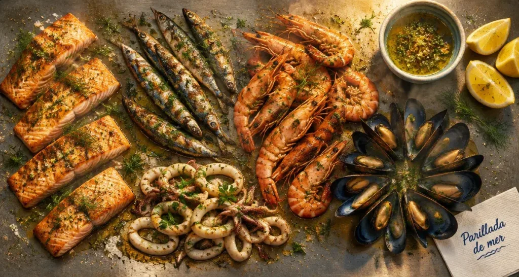 Parillada de poisson à la plancha : saumon, sardines, gambas, calamars, moules
